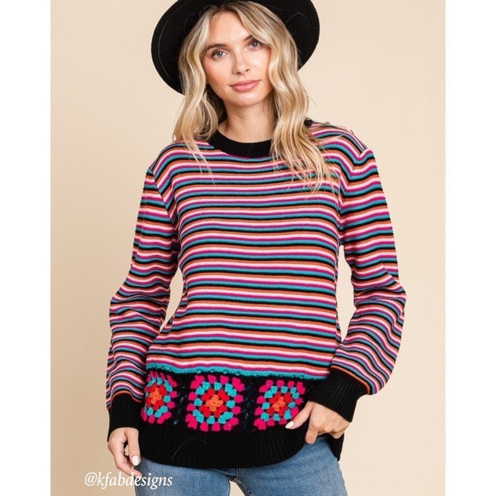 LAST 1! Comfy Striped and Granny Square Color Block Soft Sweater!
